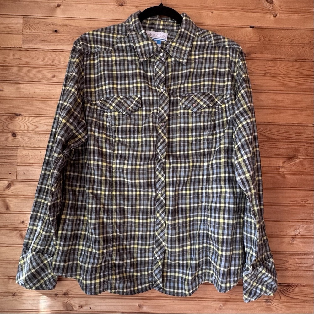Columbia Western Shirt Plaid Green Yellow Cotton Pearl Snap XL Cowboy Rodeo